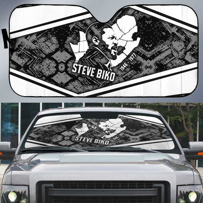 Steve Biko Auto Sun Shade with Monochrome Portrait, Ideas Do Not Die Quote - African Pride