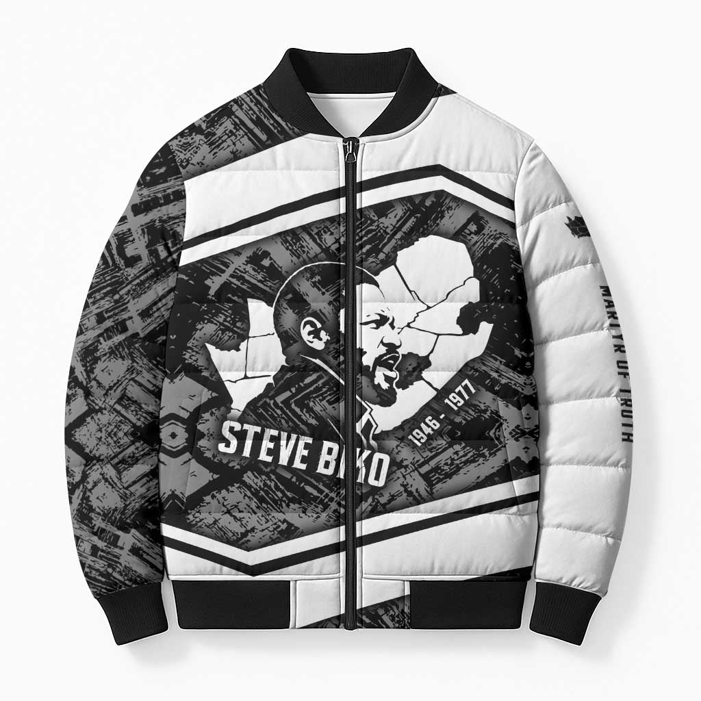 Steve Biko Bomber Puffer Jacket with Monochrome Portrait, Ideas Do Not Die Quote - African Pride