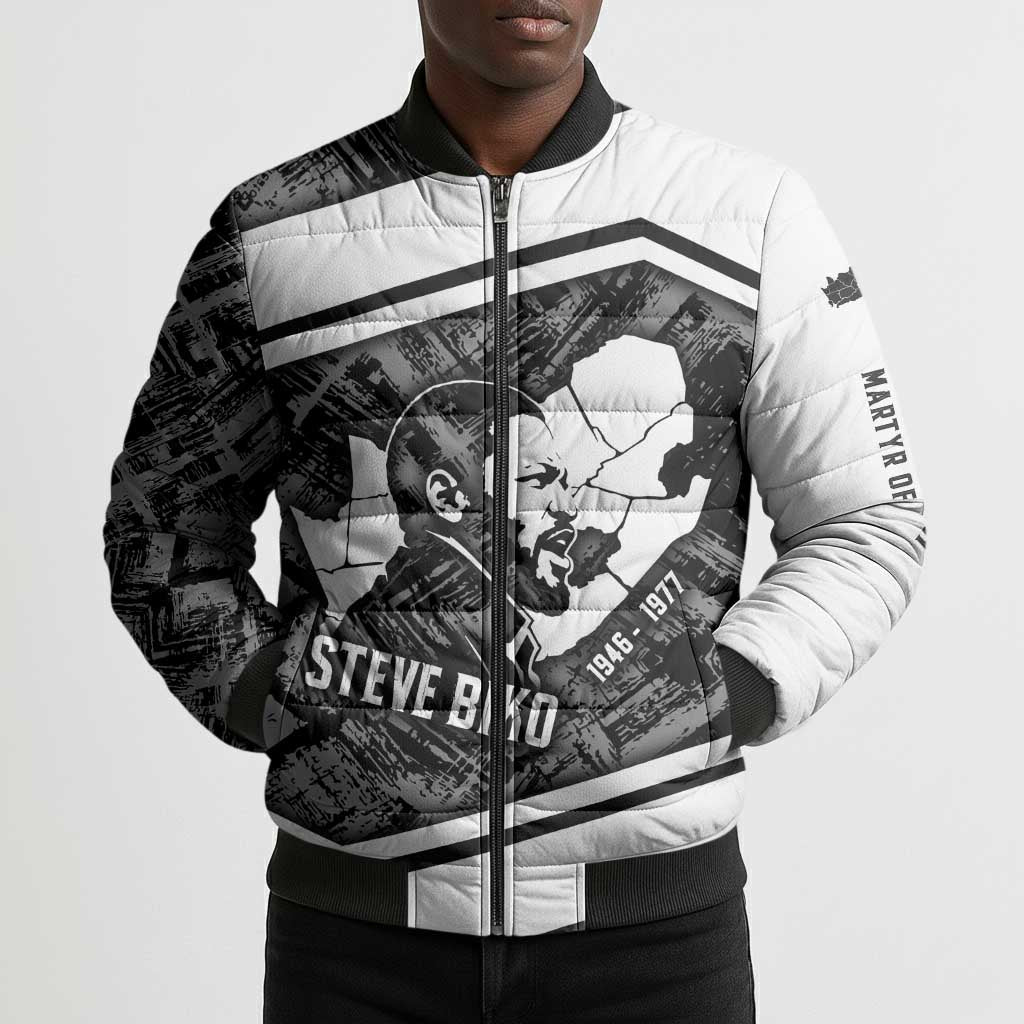 Steve Biko Bomber Puffer Jacket with Monochrome Portrait, Ideas Do Not Die Quote - African Pride