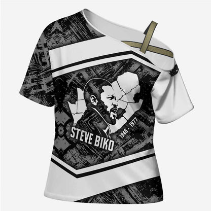 Steve Biko Cross Shoulder Shirt with Monochrome Portrait, Ideas Do Not Die Quote - African Pride