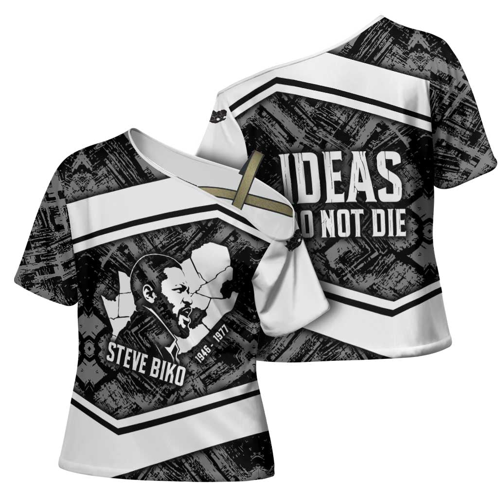 Steve Biko Cross Shoulder Shirt with Monochrome Portrait, Ideas Do Not Die Quote - African Pride