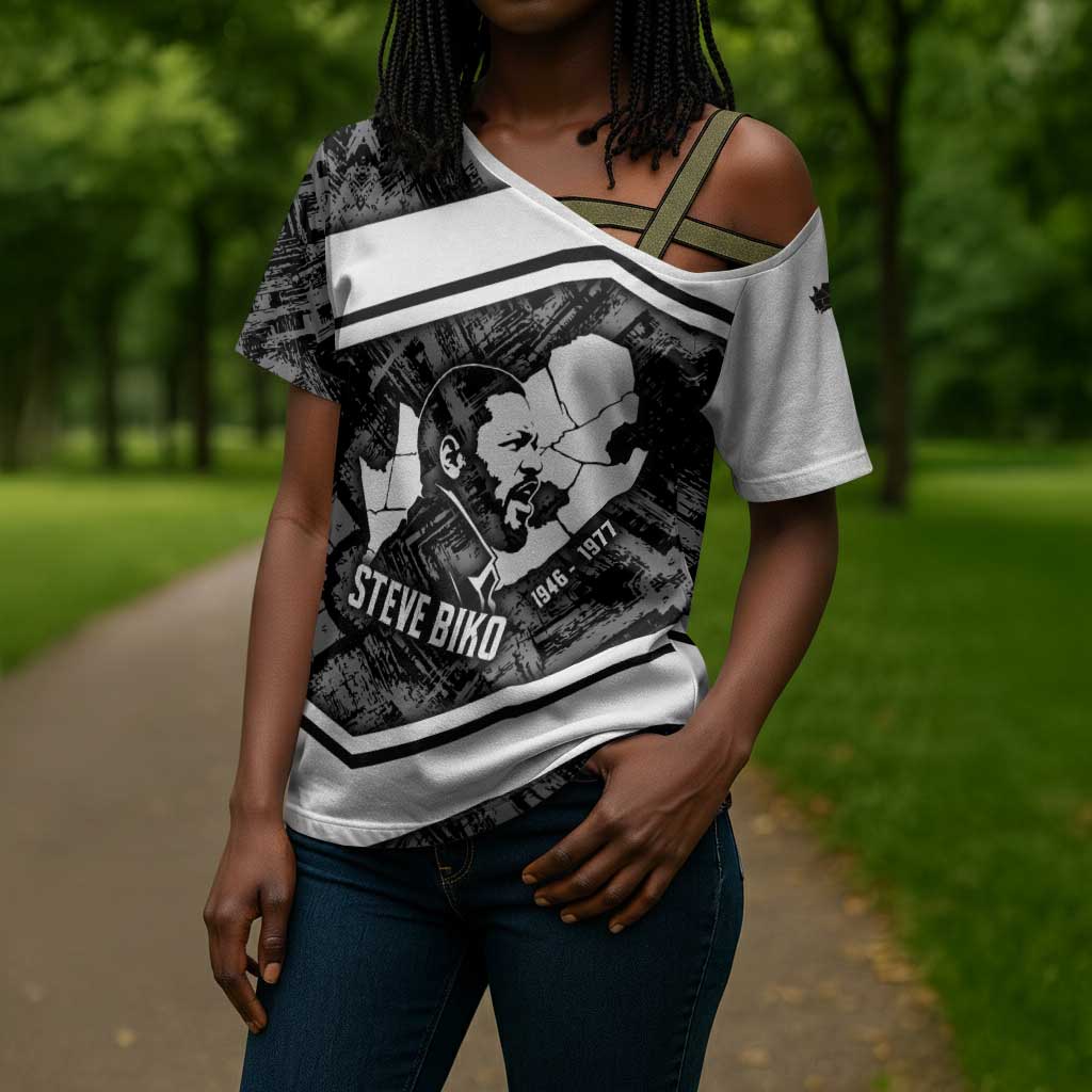 Steve Biko Cross Shoulder Shirt with Monochrome Portrait, Ideas Do Not Die Quote - African Pride