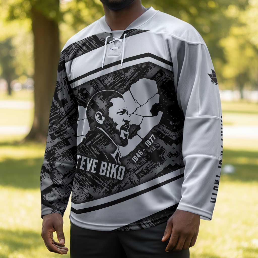 Steve Biko Hockey Jersey with Monochrome Portrait, Ideas Do Not Die Quote - African Pride