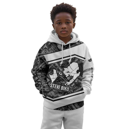 Steve Biko Kid Hoodie with Monochrome Portrait, Ideas Do Not Die Quote - African Pride