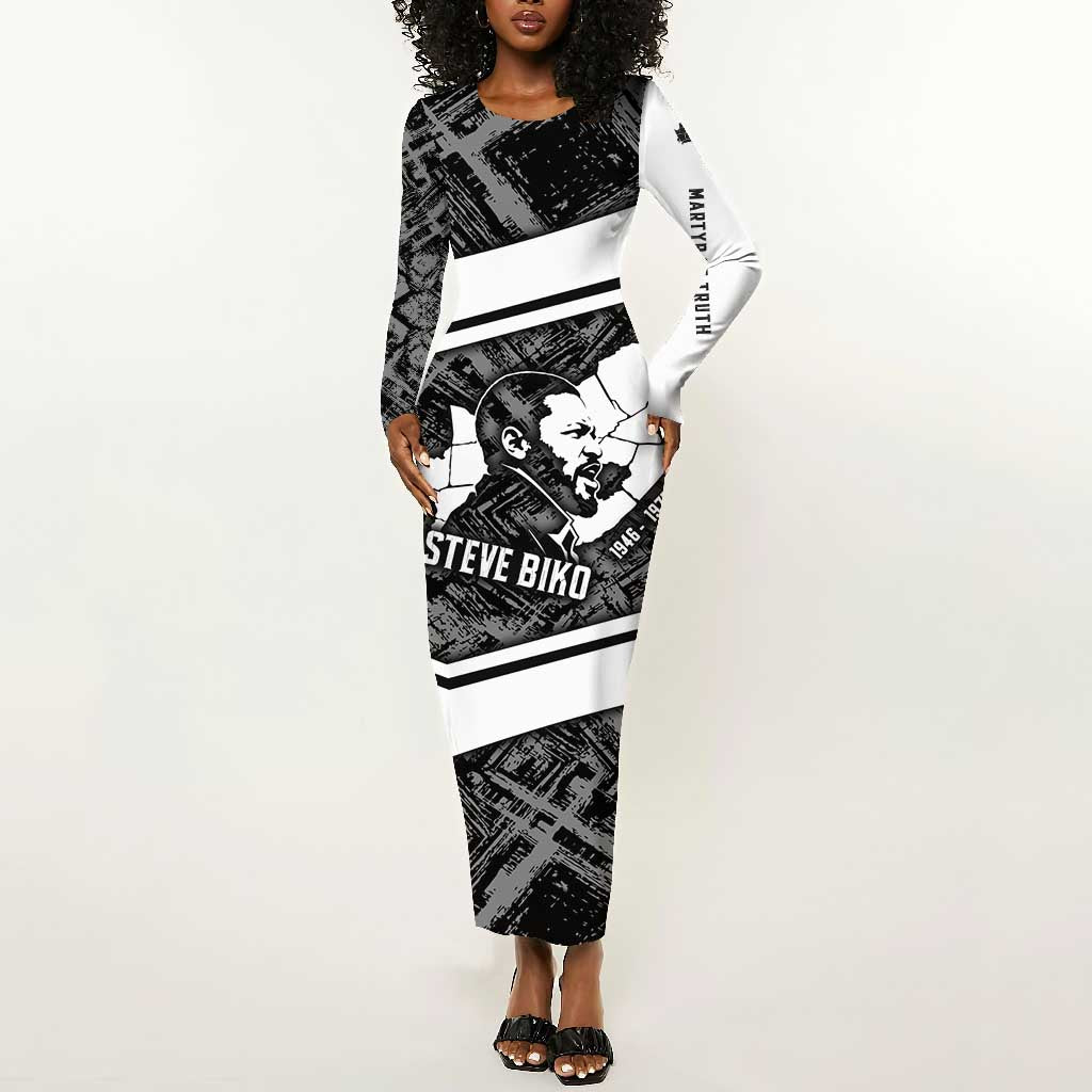 Steve Biko Long Sleeve Bodycon Dress with Monochrome Portrait, Ideas Do Not Die Quote - African Pride