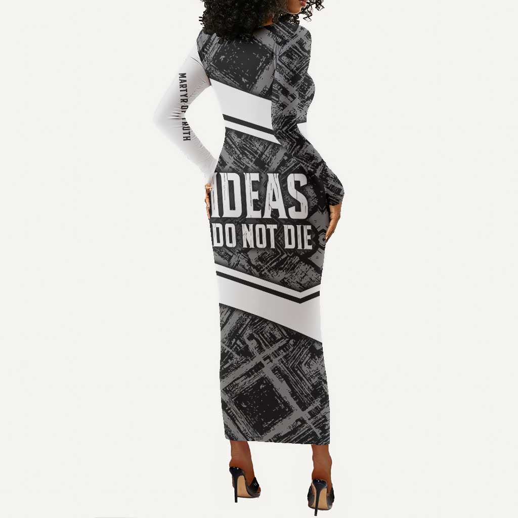 Steve Biko Long Sleeve Bodycon Dress with Monochrome Portrait, Ideas Do Not Die Quote - African Pride
