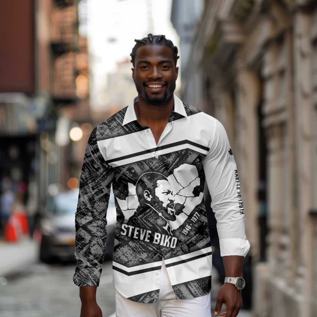 Steve Biko Long Sleeve Button Shirt with Monochrome Portrait, Ideas Do Not Die Quote - African Pride