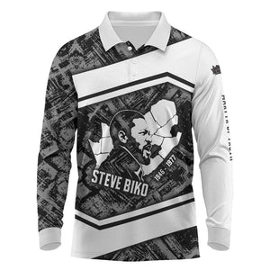 Steve Biko Long Sleeve Polo Shirt with Monochrome Portrait, Ideas Do Not Die Quote - African Pride