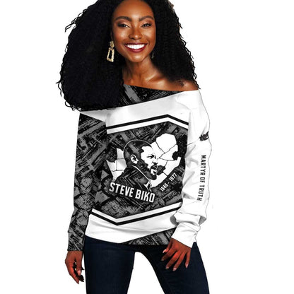 Steve Biko Off Shoulder Sweater with Monochrome Portrait, Ideas Do Not Die Quote - African Pride