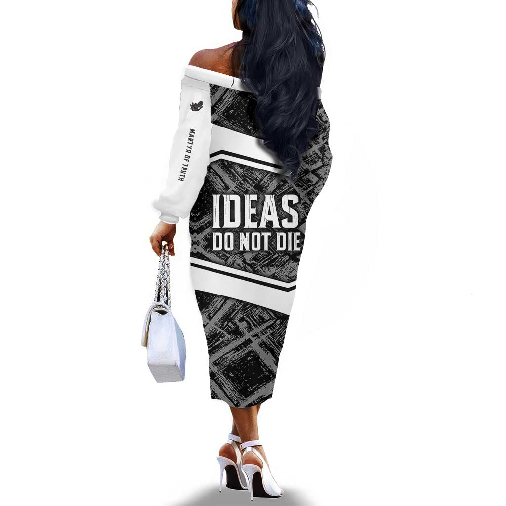 Steve Biko Off The Shoulder Long Sleeve Dress with Monochrome Portrait, Ideas Do Not Die Quote - African Pride