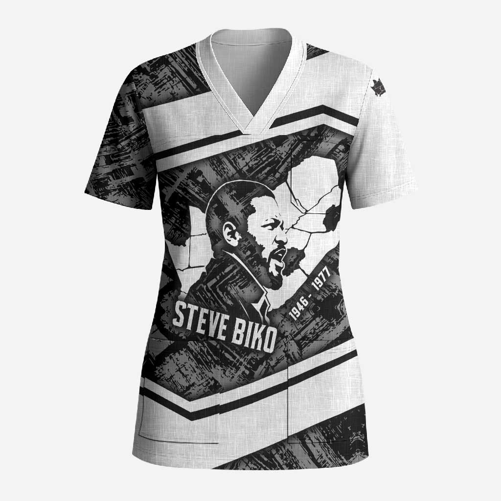 Steve Biko Scrub Top with Monochrome Portrait, Ideas Do Not Die Quote - African Pride