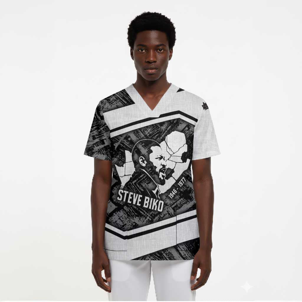 Steve Biko Scrub Top with Monochrome Portrait, Ideas Do Not Die Quote - African Pride