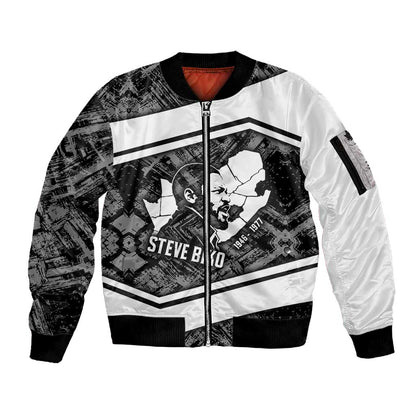 Steve Biko Sleeve Zip Bomber Jacket with Monochrome Portrait, Ideas Do Not Die Quote - African Pride
