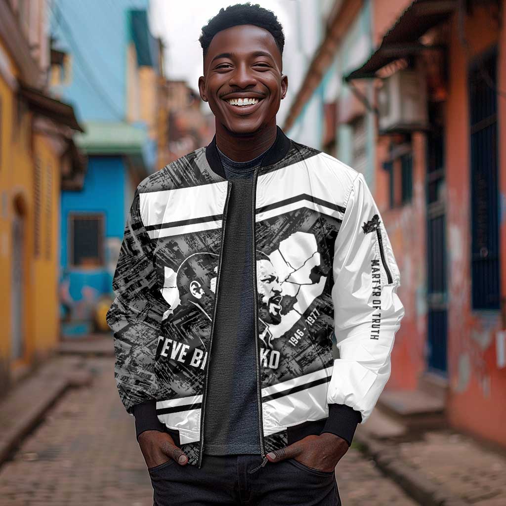 Steve Biko Sleeve Zip Bomber Jacket with Monochrome Portrait, Ideas Do Not Die Quote - African Pride