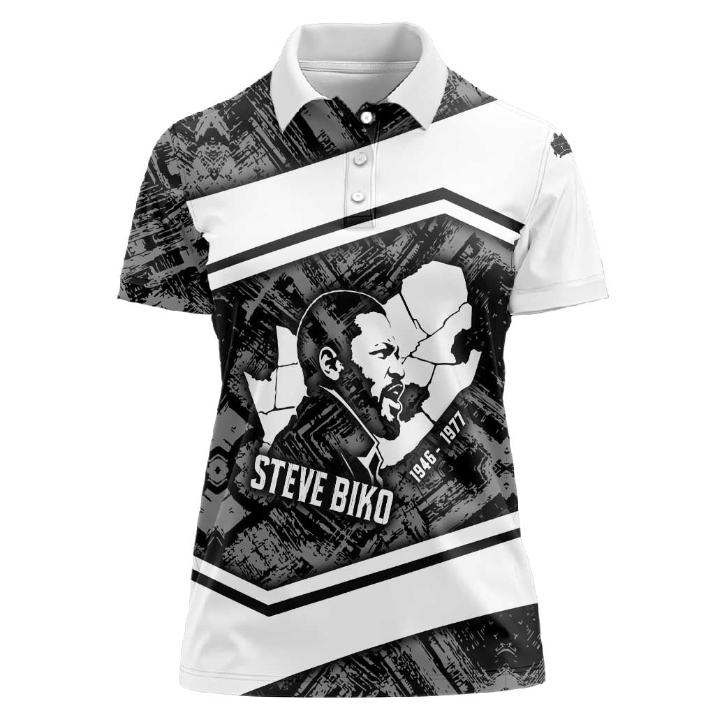 Steve Biko Women Polo Shirt with Monochrome Portrait, Ideas Do Not Die Quote - African Pride