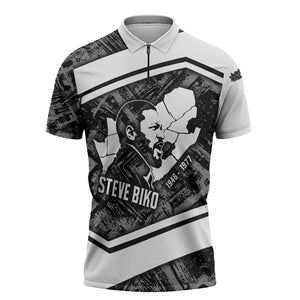 Steve Biko Zipper Polo Shirt with Monochrome Portrait, Ideas Do Not Die Quote - African Pride