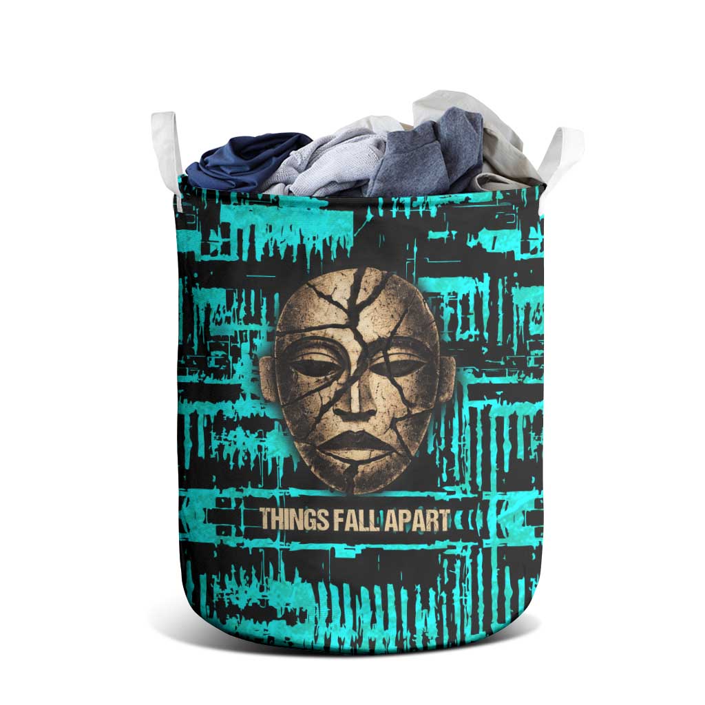 Chinua Achebe Laundry Basket with Tribal Mask Design, Things Fall Apart Quote and Teal Abstract - African Pride