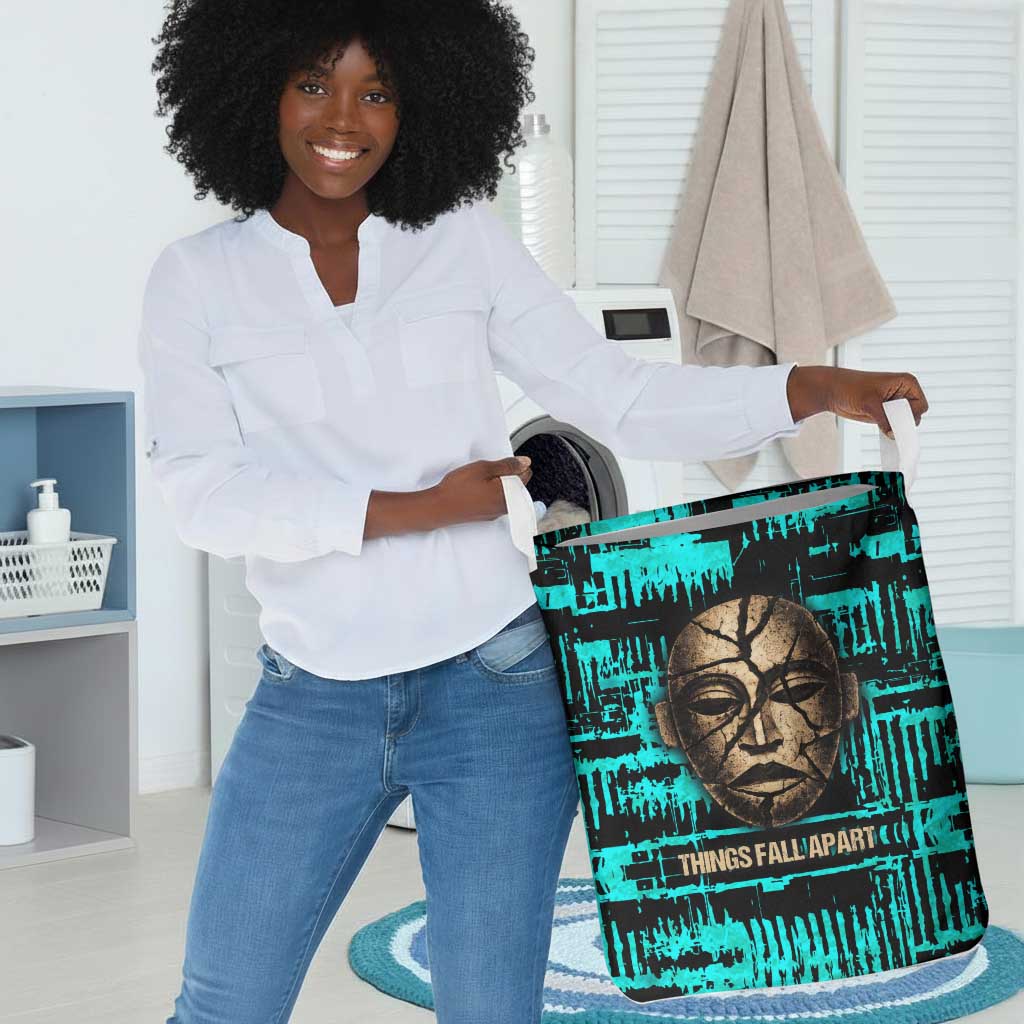 Chinua Achebe Laundry Basket with Tribal Mask Design, Things Fall Apart Quote and Teal Abstract - African Pride