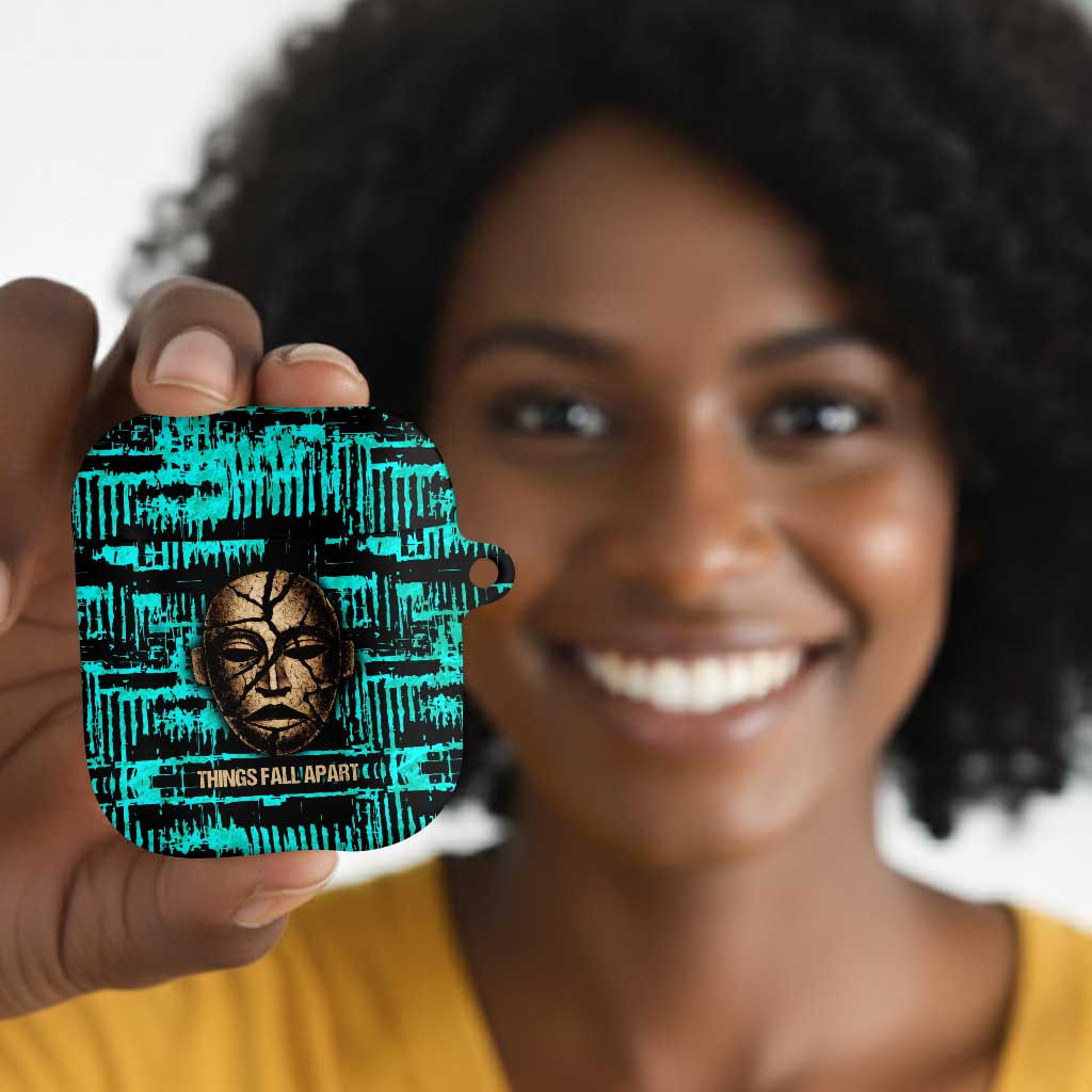 Chinua Achebe AirPods Case with Tribal Mask Design, Things Fall Apart Quote and Teal Abstract - African Pride