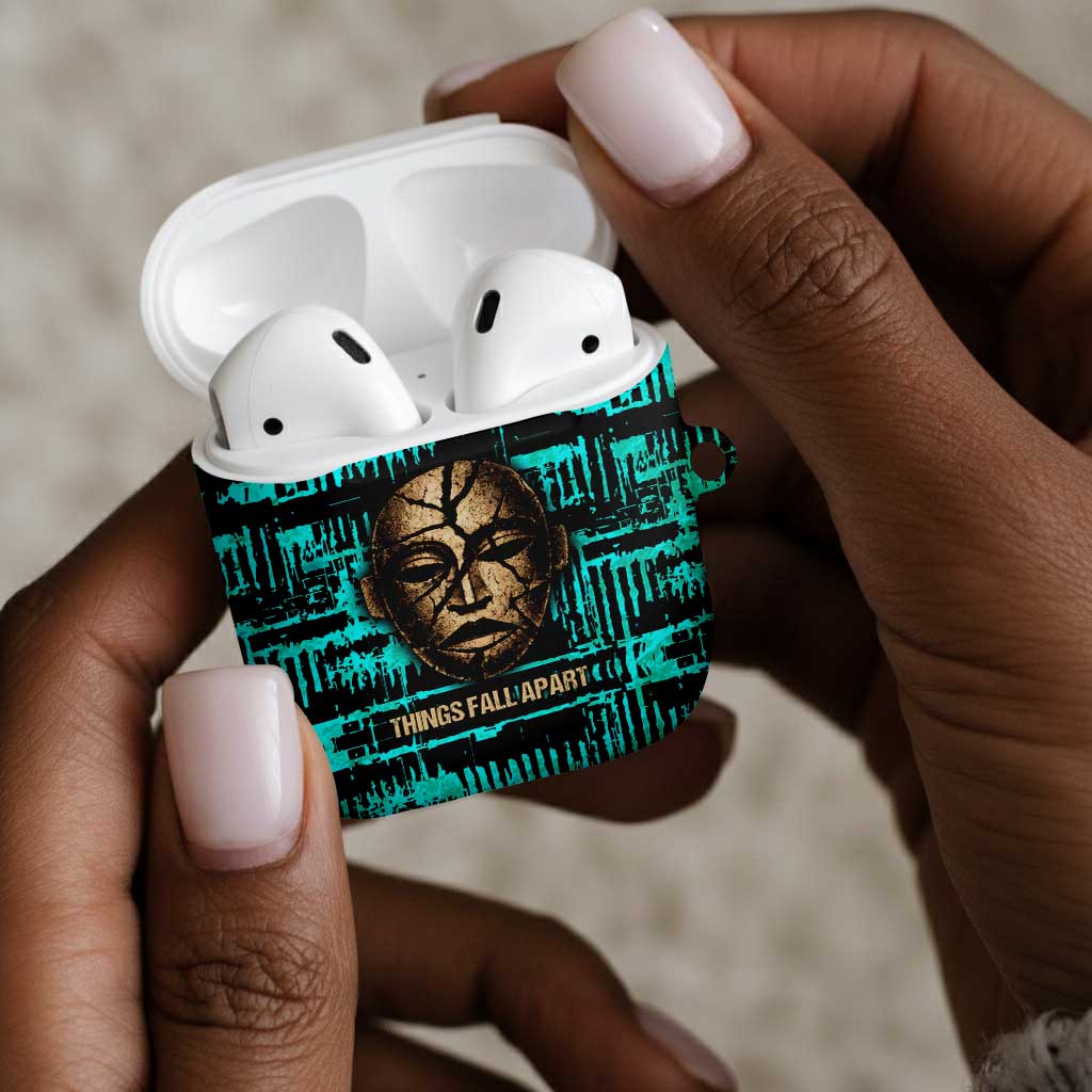 Chinua Achebe AirPods Case with Tribal Mask Design, Things Fall Apart Quote and Teal Abstract - African Pride
