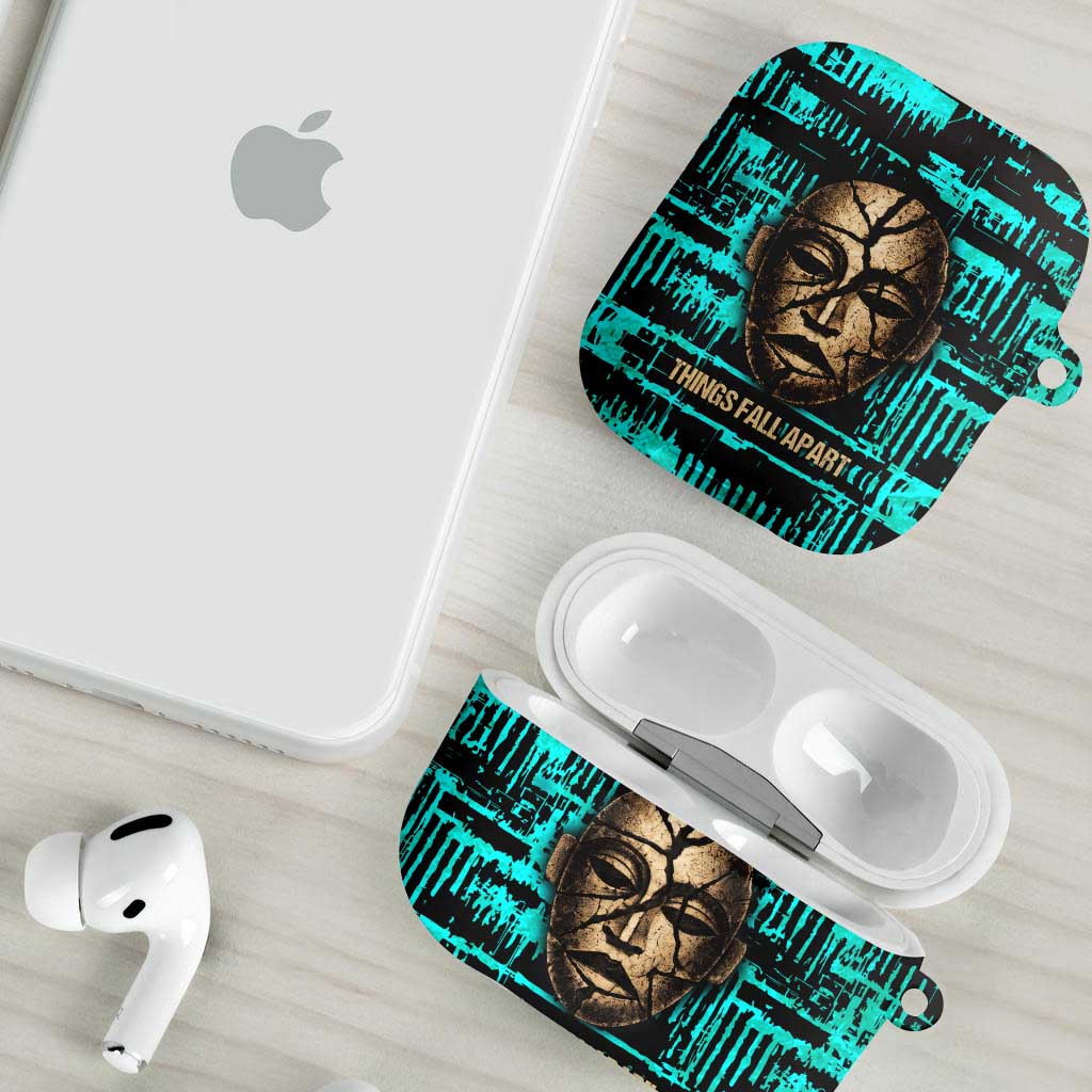Chinua Achebe AirPods Case with Tribal Mask Design, Things Fall Apart Quote and Teal Abstract - African Pride
