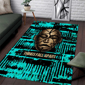Chinua Achebe Area Rug with Tribal Mask Design, Things Fall Apart Quote and Teal Abstract - African Pride