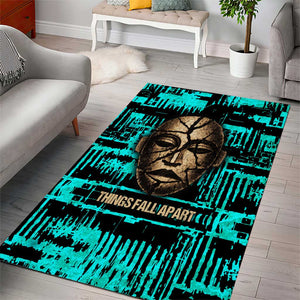 Chinua Achebe Area Rug with Tribal Mask Design, Things Fall Apart Quote and Teal Abstract - African Pride