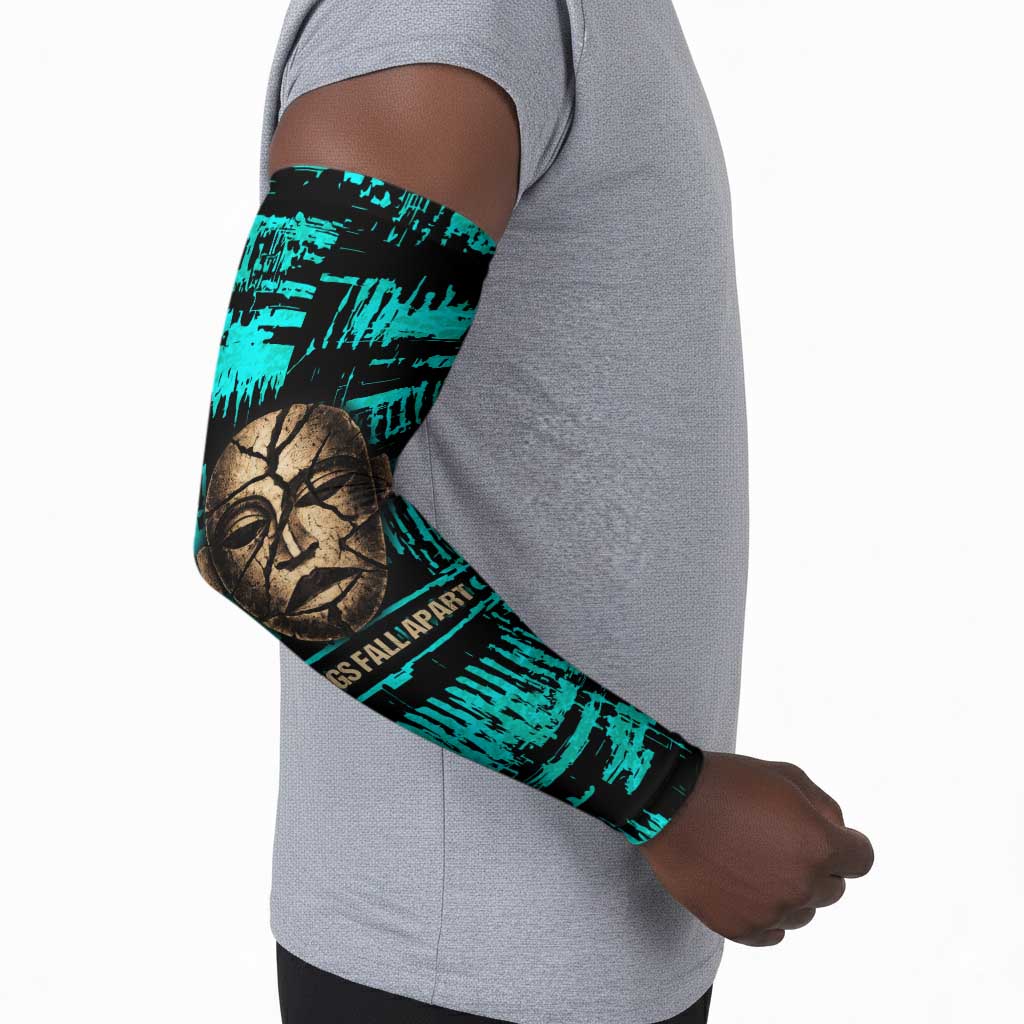 Chinua Achebe Arm Sleeves with Tribal Mask Design, Things Fall Apart Quote and Teal Abstract - African Pride