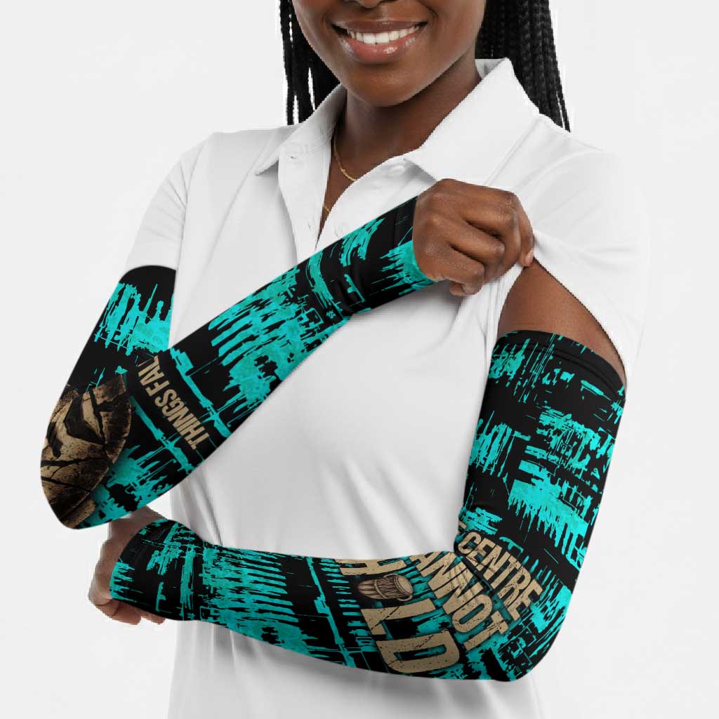 Chinua Achebe Arm Sleeves with Tribal Mask Design, Things Fall Apart Quote and Teal Abstract - African Pride