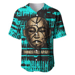 Chinua Achebe Baseball Jersey with Tribal Mask Design, Things Fall Apart Quote and Teal Abstract - African Pride
