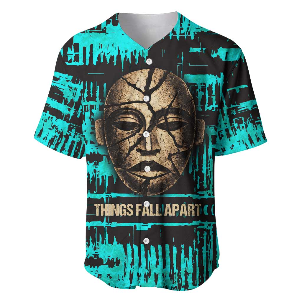 Chinua Achebe Baseball Jersey with Tribal Mask Design, Things Fall Apart Quote and Teal Abstract - African Pride