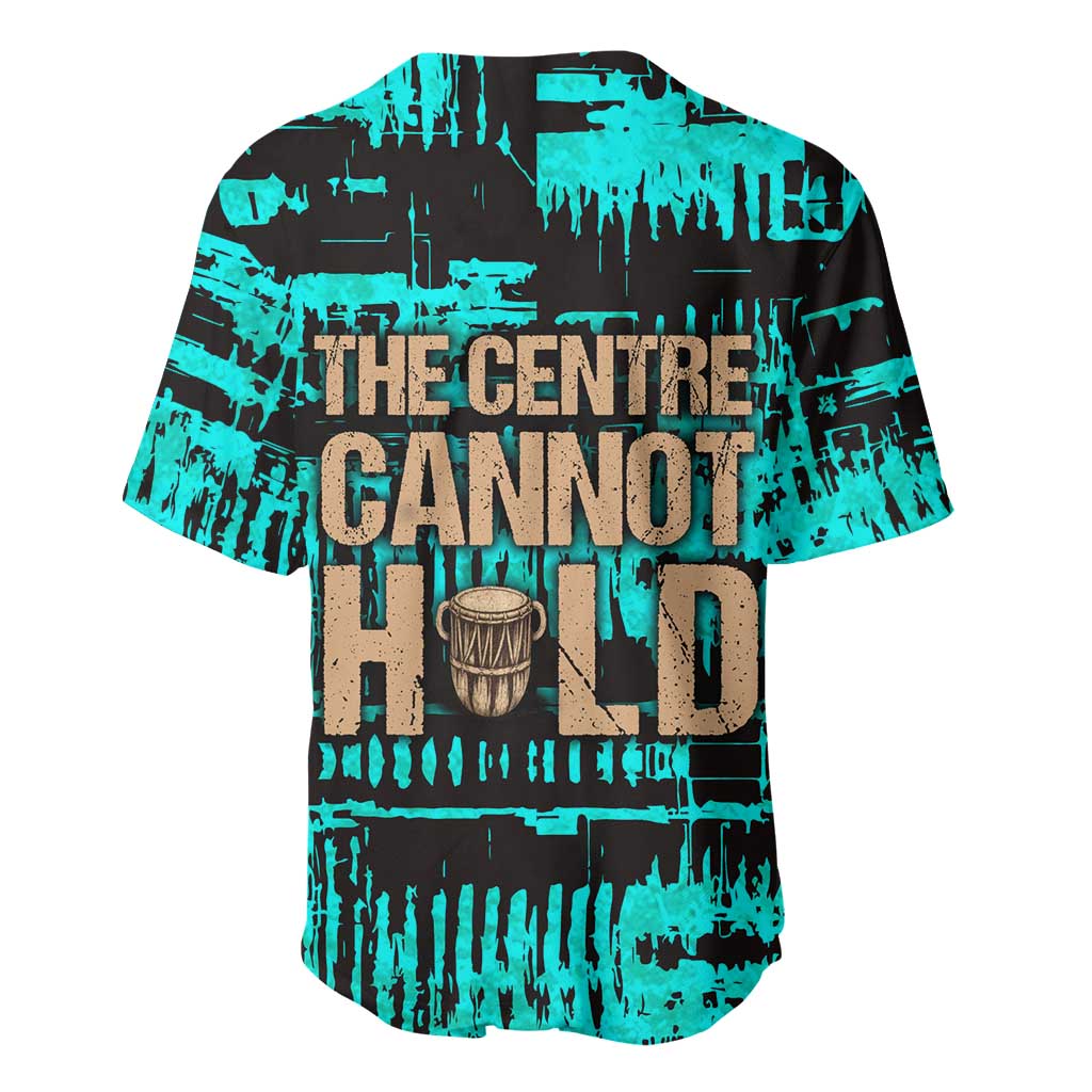 Chinua Achebe Baseball Jersey with Tribal Mask Design, Things Fall Apart Quote and Teal Abstract - African Pride