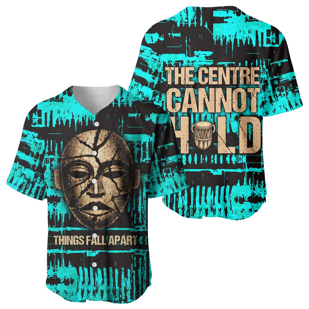 Chinua Achebe Baseball Jersey with Tribal Mask Design, Things Fall Apart Quote and Teal Abstract - African Pride