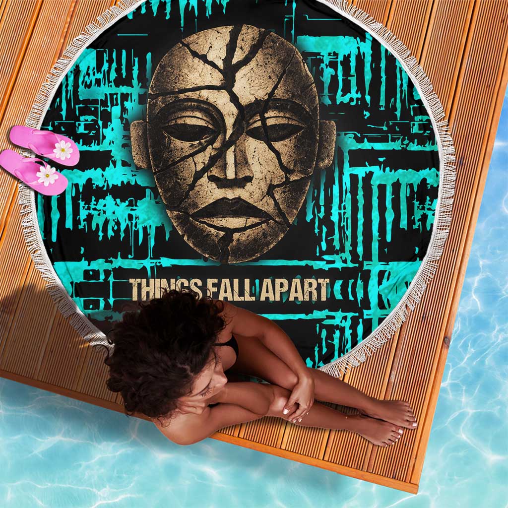 Chinua Achebe Beach Blanket with Tribal Mask Design, Things Fall Apart Quote and Teal Abstract - African Pride