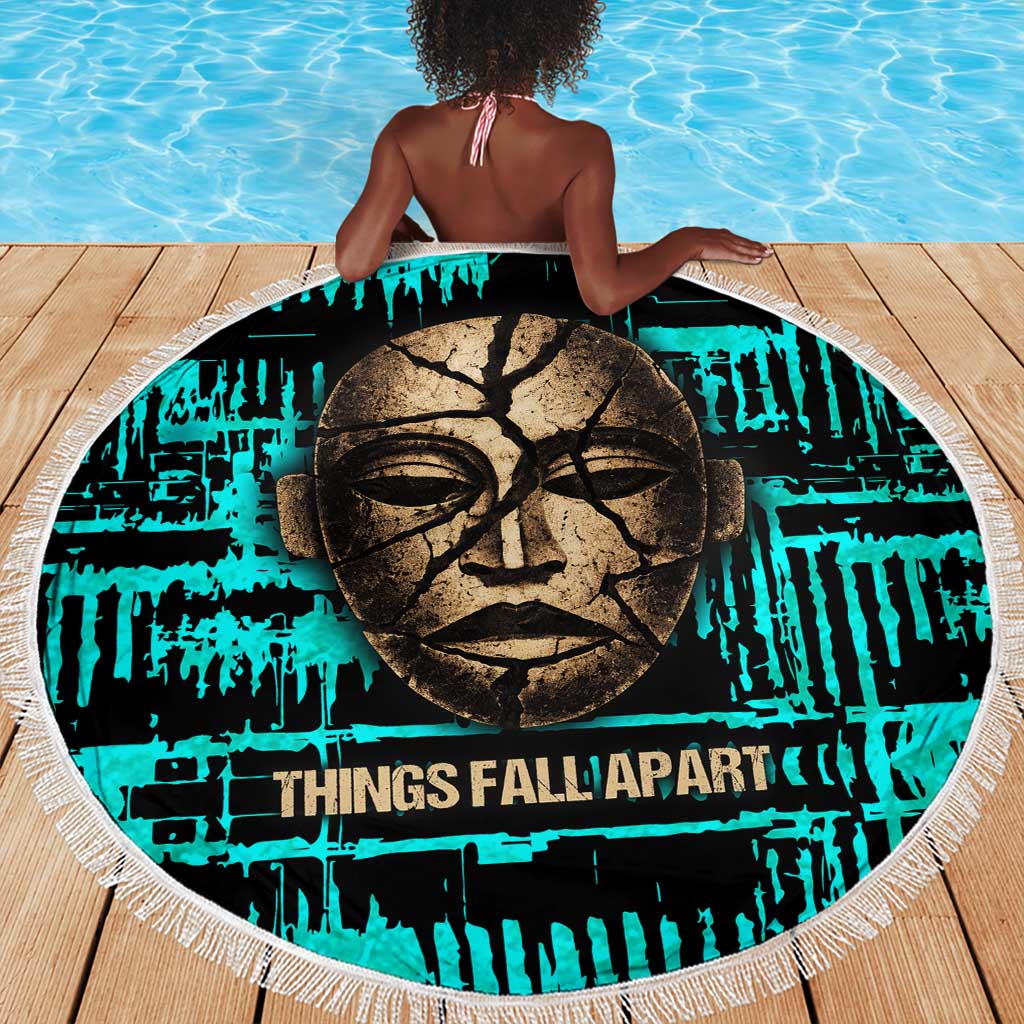 Chinua Achebe Beach Blanket with Tribal Mask Design, Things Fall Apart Quote and Teal Abstract - African Pride