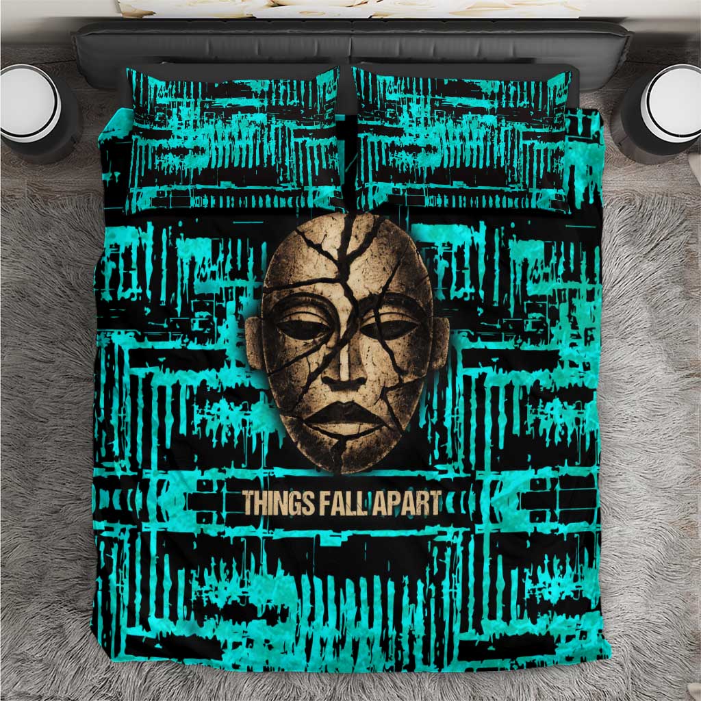 Chinua Achebe Bedding Set with Tribal Mask Design, Things Fall Apart Quote and Teal Abstract - African Pride