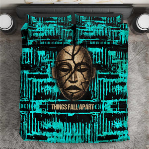 Chinua Achebe Bedding Set with Tribal Mask Design, Things Fall Apart Quote and Teal Abstract - African Pride