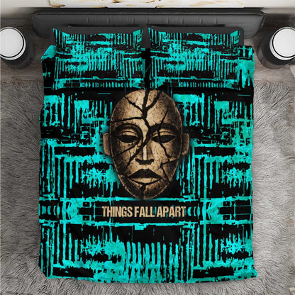 Chinua Achebe Bedding Set with Tribal Mask Design, Things Fall Apart Quote and Teal Abstract - African Pride