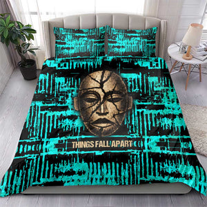 Chinua Achebe Bedding Set with Tribal Mask Design, Things Fall Apart Quote and Teal Abstract - African Pride