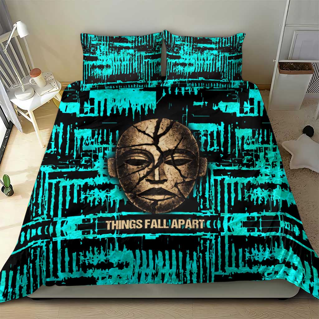 Chinua Achebe Bedding Set with Tribal Mask Design, Things Fall Apart Quote and Teal Abstract - African Pride