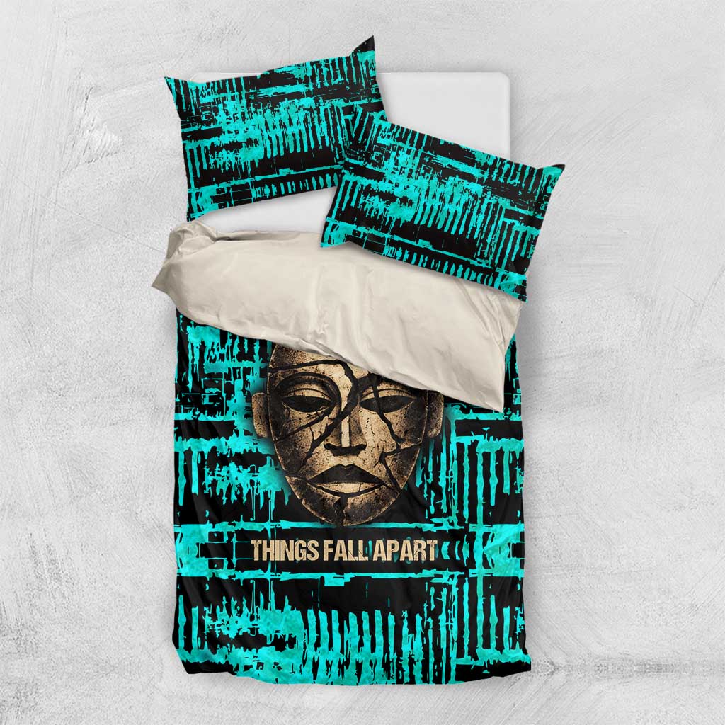 Chinua Achebe Bedding Set with Tribal Mask Design, Things Fall Apart Quote and Teal Abstract - African Pride