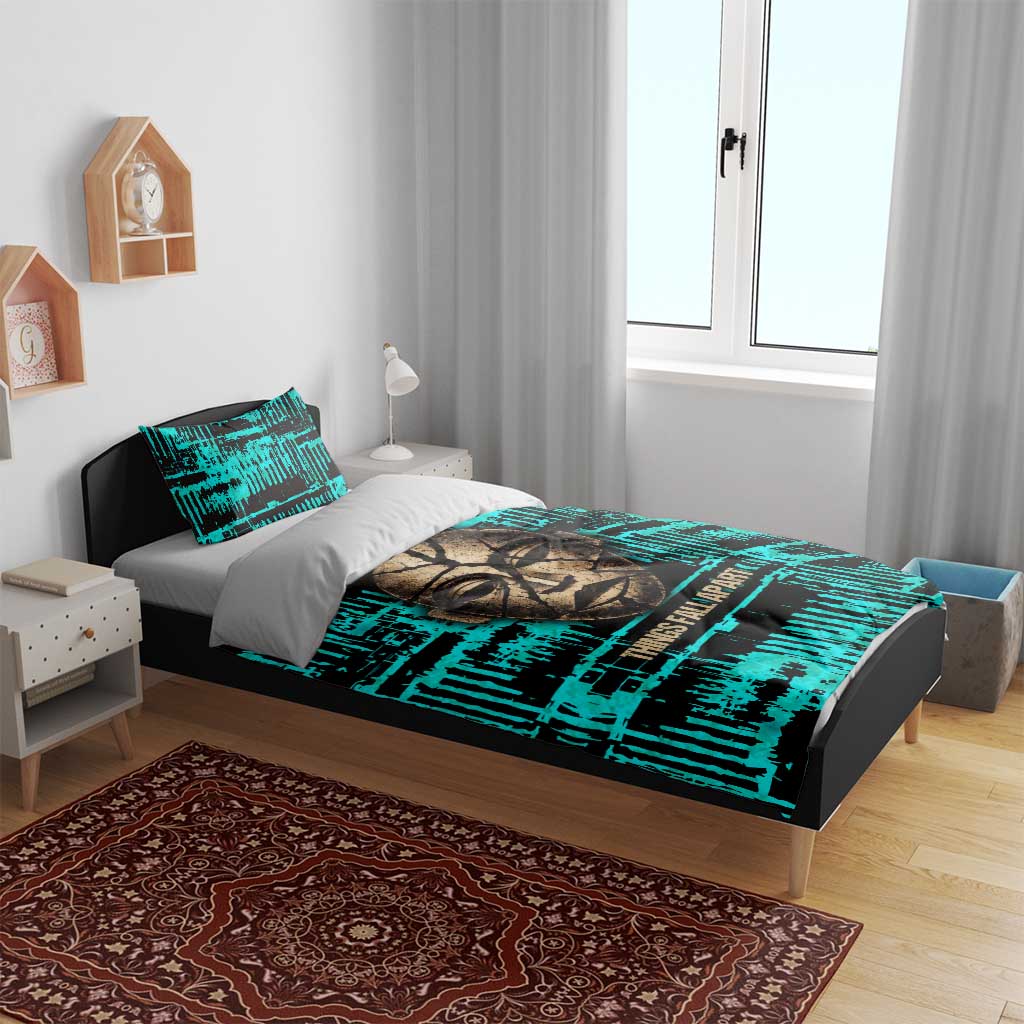 Chinua Achebe Bedding Set with Tribal Mask Design, Things Fall Apart Quote and Teal Abstract - African Pride
