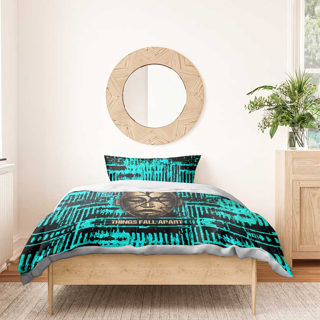 Chinua Achebe Bedding Set with Tribal Mask Design, Things Fall Apart Quote and Teal Abstract - African Pride
