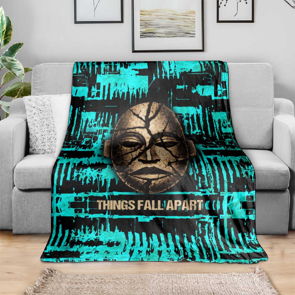 Chinua Achebe Blanket with Tribal Mask Design, Things Fall Apart Quote and Teal Abstract - African Pride