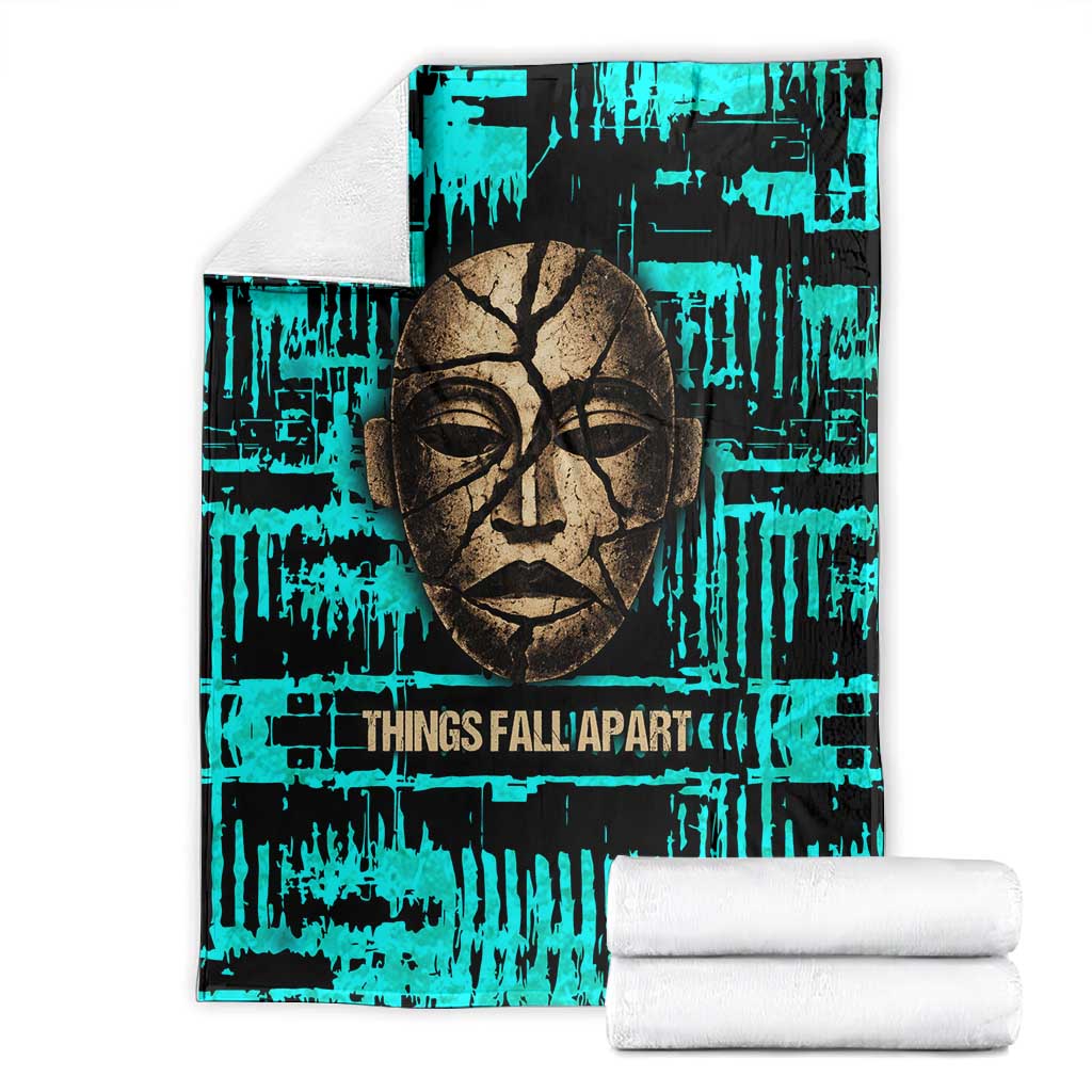 Chinua Achebe Blanket with Tribal Mask Design, Things Fall Apart Quote and Teal Abstract - African Pride