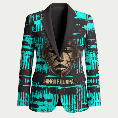 Chinua Achebe Blazer with Tribal Mask Design, Things Fall Apart Quote and Teal Abstract - African Pride