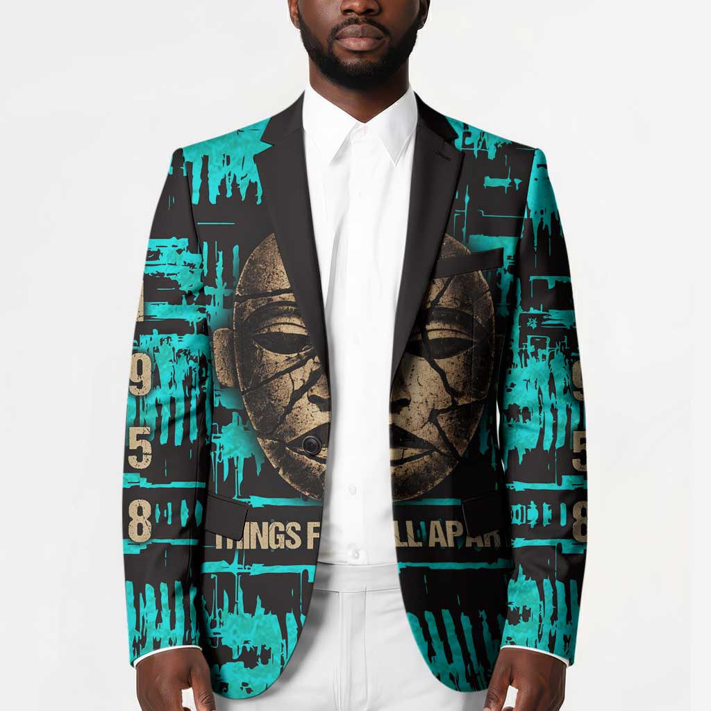 Chinua Achebe Blazer with Tribal Mask Design, Things Fall Apart Quote and Teal Abstract - African Pride