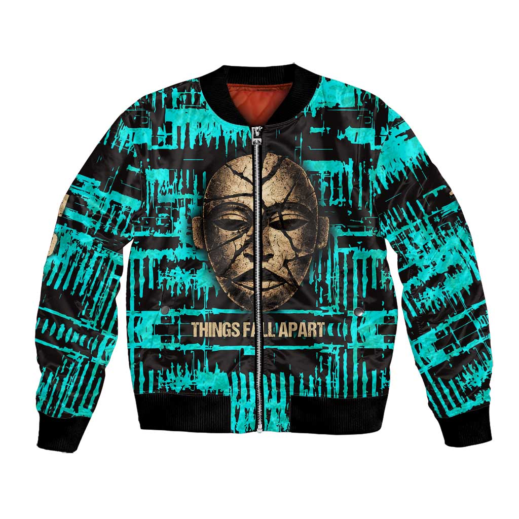 Chinua Achebe Bomber Jacket with Tribal Mask Design, Things Fall Apart Quote and Teal Abstract - African Pride