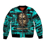 Chinua Achebe Bomber Jacket with Tribal Mask Design, Things Fall Apart Quote and Teal Abstract - African Pride