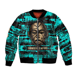 Chinua Achebe Bomber Jacket with Tribal Mask Design, Things Fall Apart Quote and Teal Abstract - African Pride